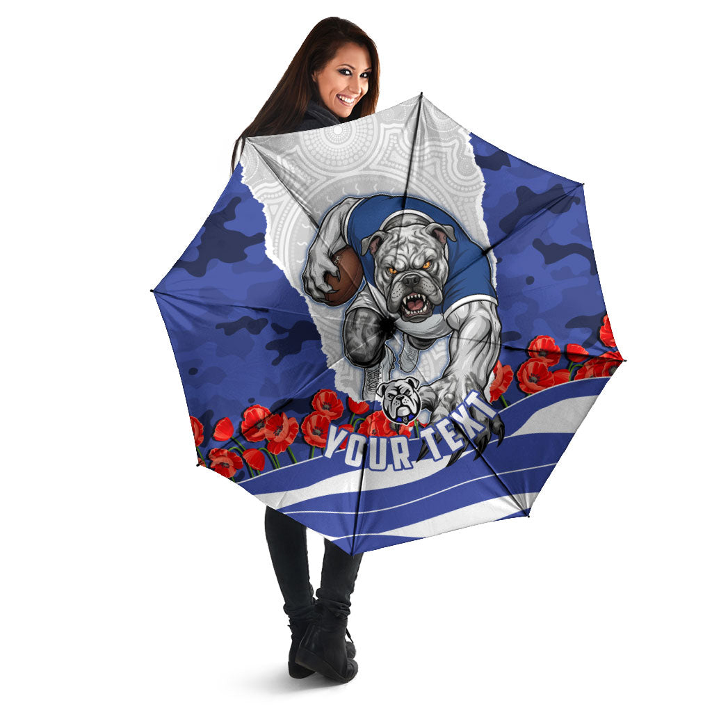 Personalized Bulldogs ANZAC Tribute Umbrella Poppy Field Soldier Silhouette Aboriginal Rugby Mascot