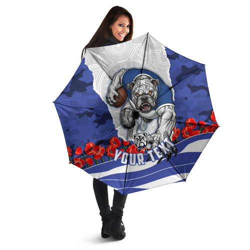 Personalized Bulldogs ANZAC Tribute Umbrella Poppy Field Soldier Silhouette Aboriginal Rugby Mascot