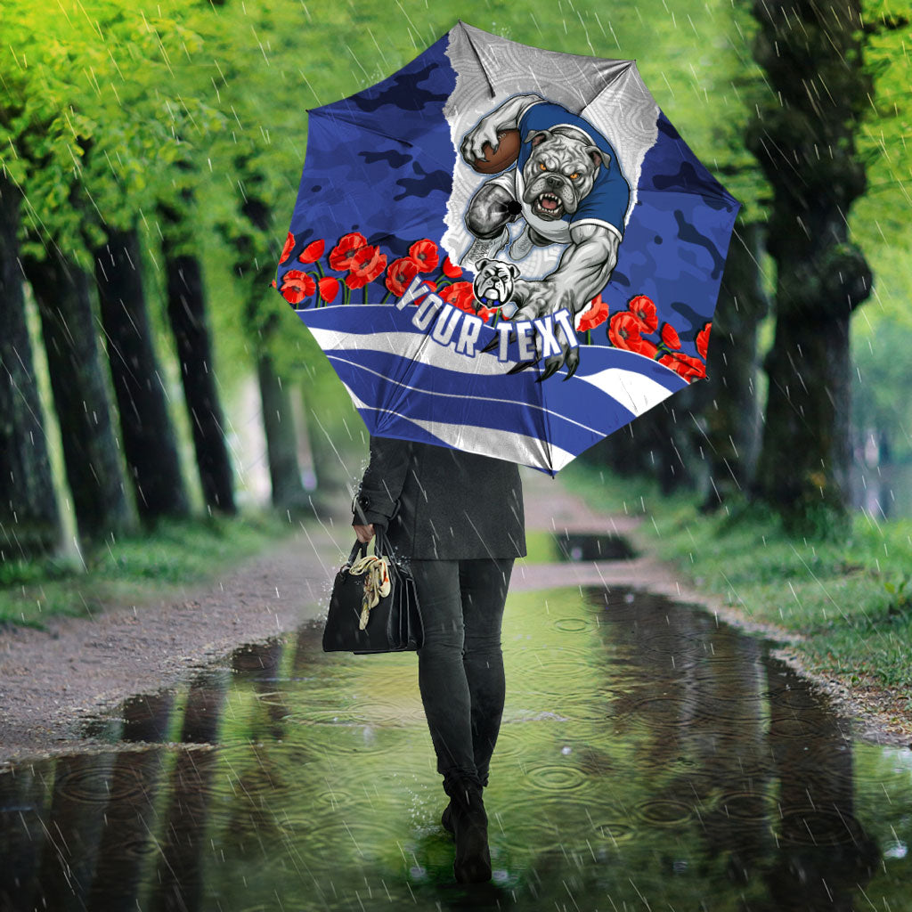 Personalized Bulldogs ANZAC Tribute Umbrella Poppy Field Soldier Silhouette Aboriginal Rugby Mascot
