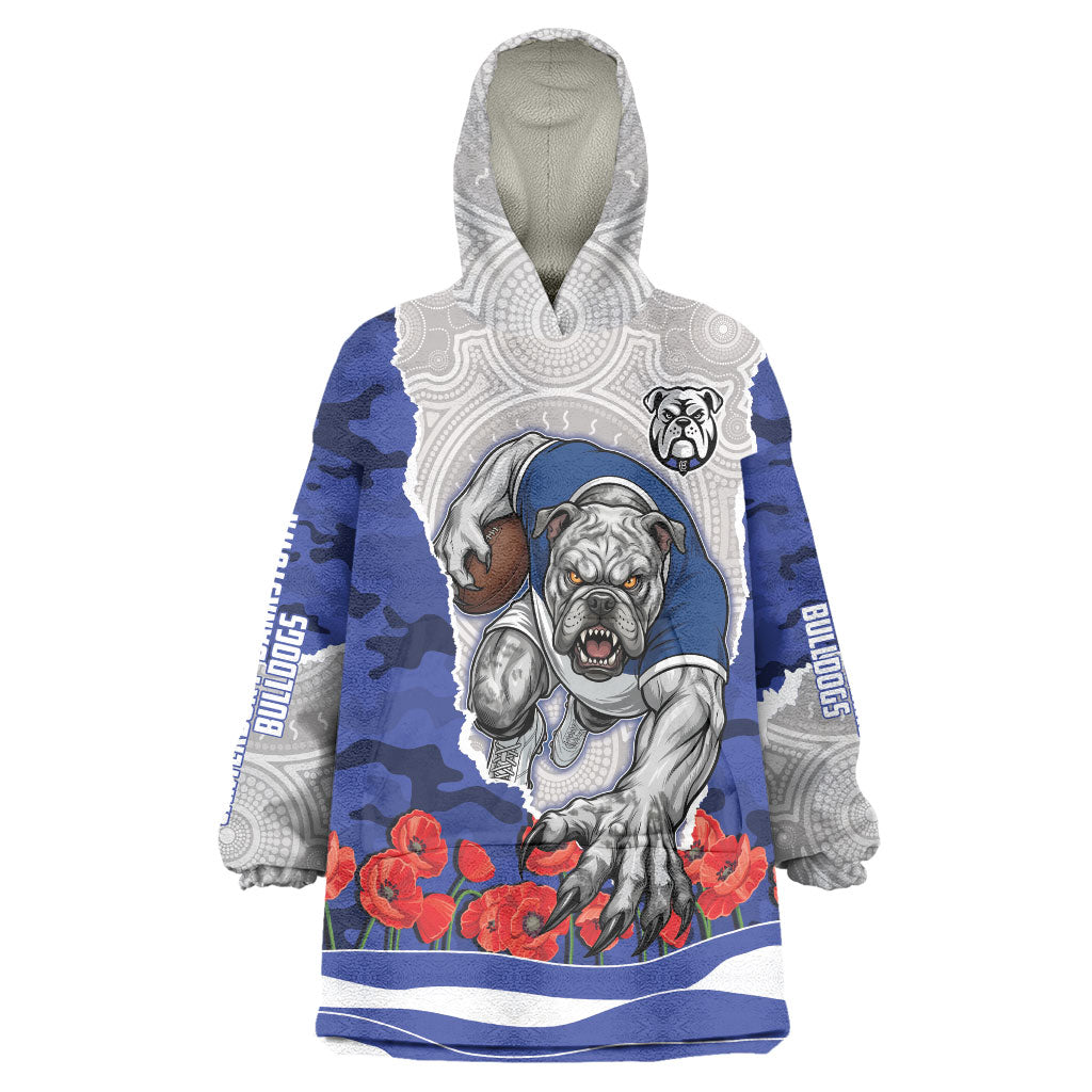 Personalized Bulldogs ANZAC Tribute Wearable Blanket Hoodie Poppy Field Soldier Silhouette Aboriginal Rugby Mascot