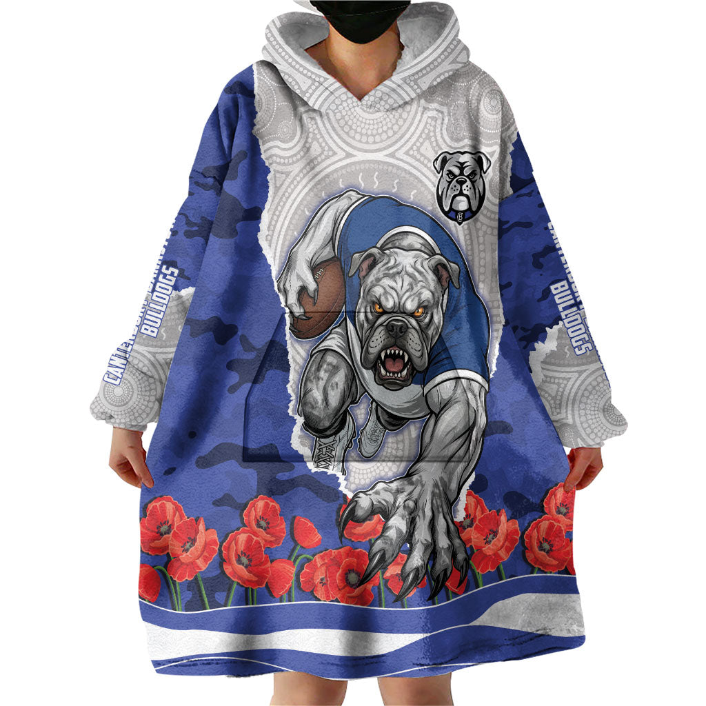 Personalized Bulldogs ANZAC Tribute Wearable Blanket Hoodie Poppy Field Soldier Silhouette Aboriginal Rugby Mascot