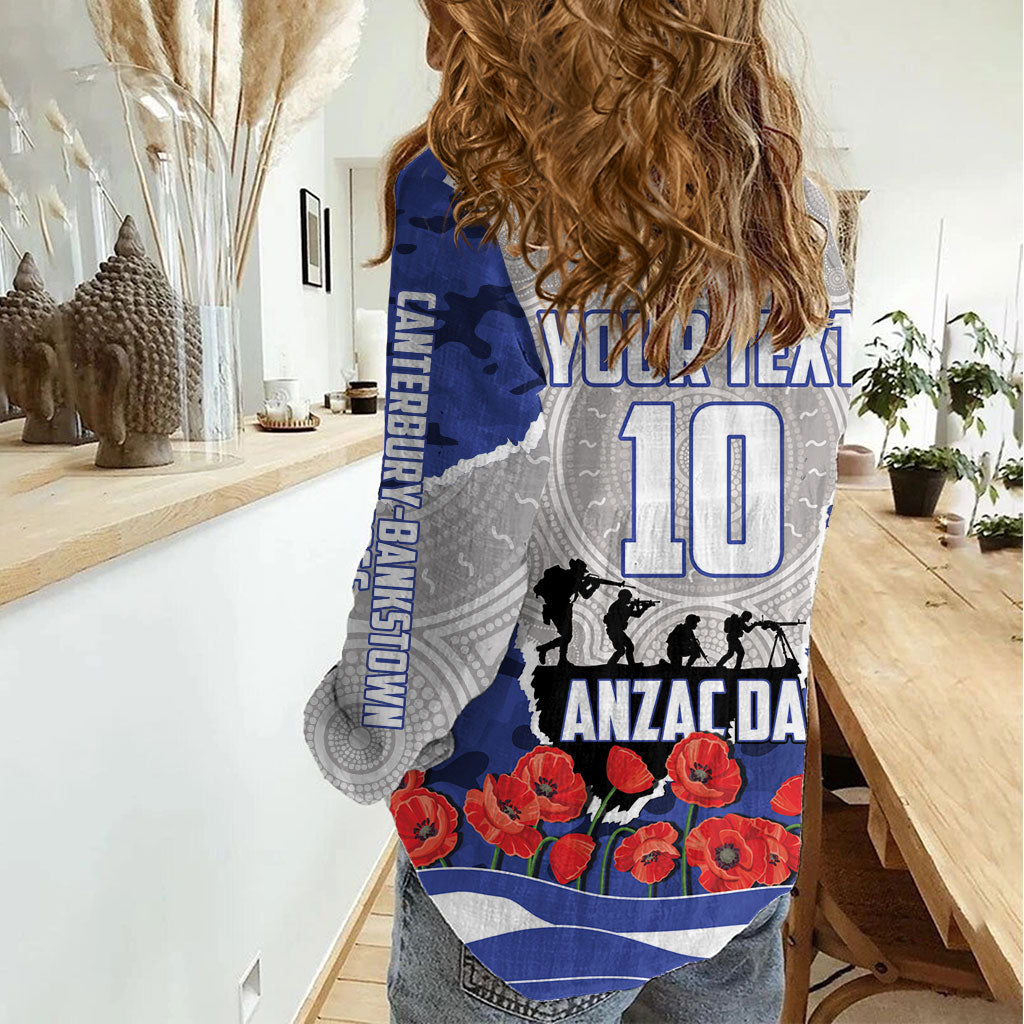 Personalized Bulldogs ANZAC Tribute Women Casual Shirt Poppy Field Soldier Silhouette Aboriginal Rugby Mascot