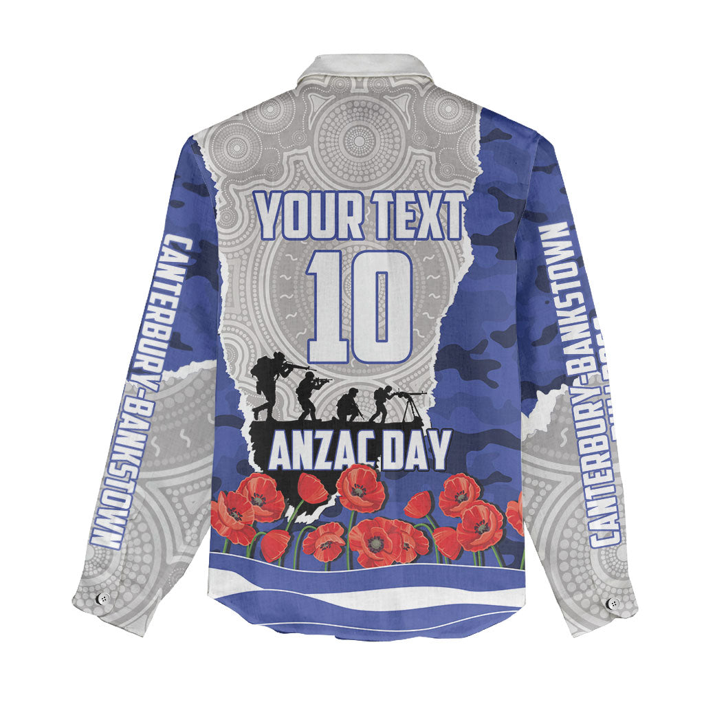 Personalized Bulldogs ANZAC Tribute Women Casual Shirt Poppy Field Soldier Silhouette Aboriginal Rugby Mascot