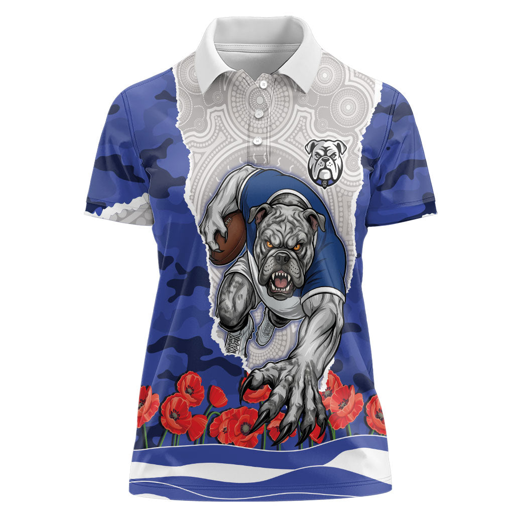 Personalized Bulldogs ANZAC Tribute Women Polo Shirt Poppy Field Soldier Silhouette Aboriginal Rugby Mascot