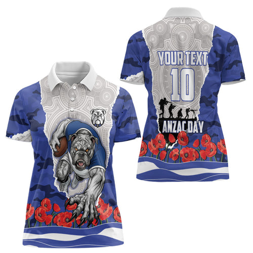 Personalized Bulldogs ANZAC Tribute Women Polo Shirt Poppy Field Soldier Silhouette Aboriginal Rugby Mascot