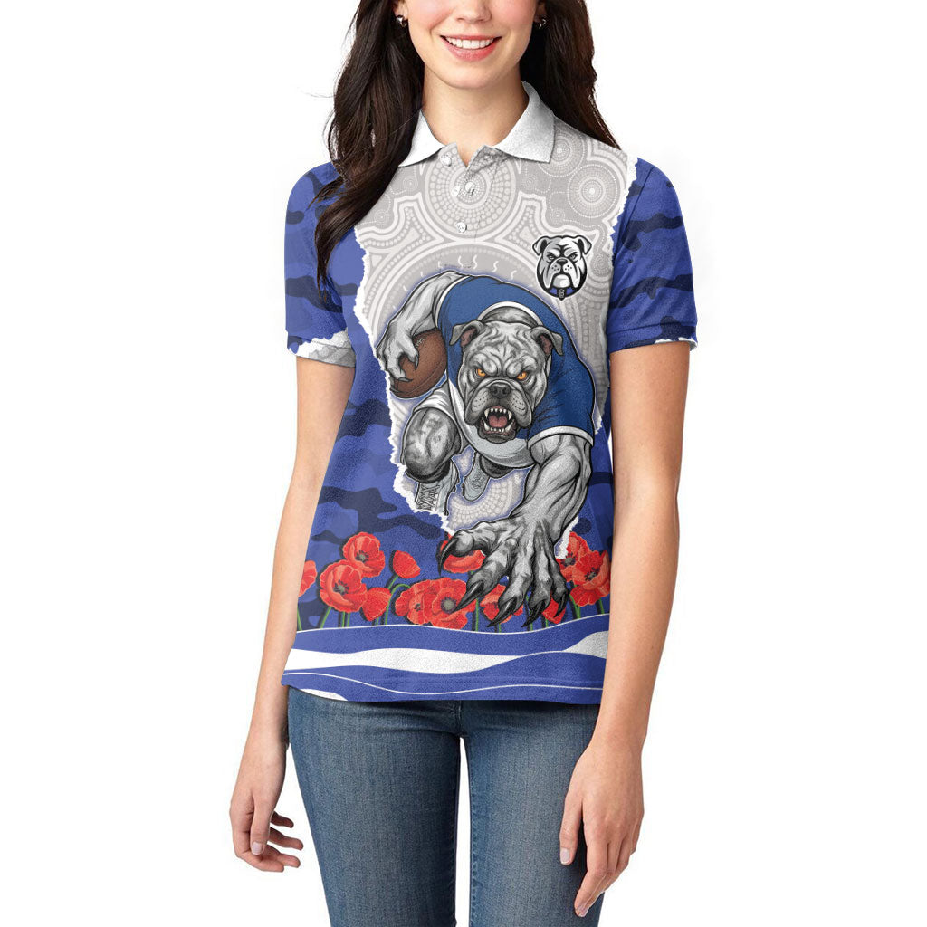 Personalized Bulldogs ANZAC Tribute Women Polo Shirt Poppy Field Soldier Silhouette Aboriginal Rugby Mascot