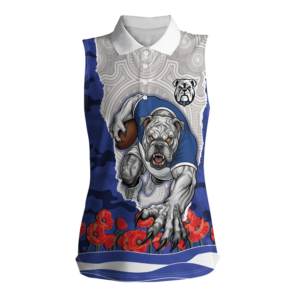Personalized Bulldogs ANZAC Tribute Women Sleeveless Polo Shirt Poppy Field Soldier Silhouette Aboriginal Rugby Mascot