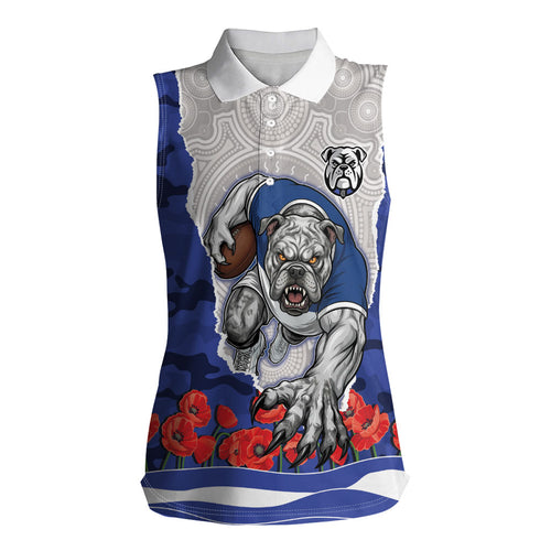 Personalized Bulldogs ANZAC Tribute Women Sleeveless Polo Shirt Poppy Field Soldier Silhouette Aboriginal Rugby Mascot