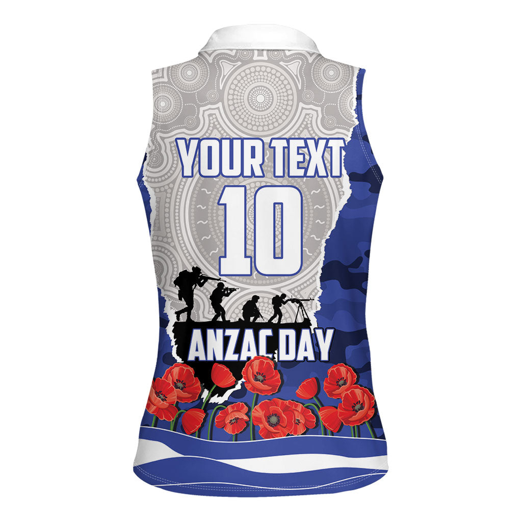 Personalized Bulldogs ANZAC Tribute Women Sleeveless Polo Shirt Poppy Field Soldier Silhouette Aboriginal Rugby Mascot