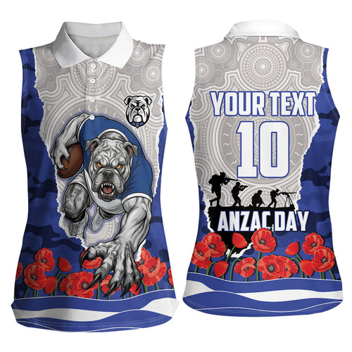 Personalized Bulldogs ANZAC Tribute Women Sleeveless Polo Shirt Poppy Field Soldier Silhouette Aboriginal Rugby Mascot