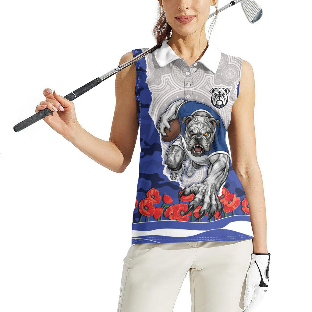 Personalized Bulldogs ANZAC Tribute Women Sleeveless Polo Shirt Poppy Field Soldier Silhouette Aboriginal Rugby Mascot
