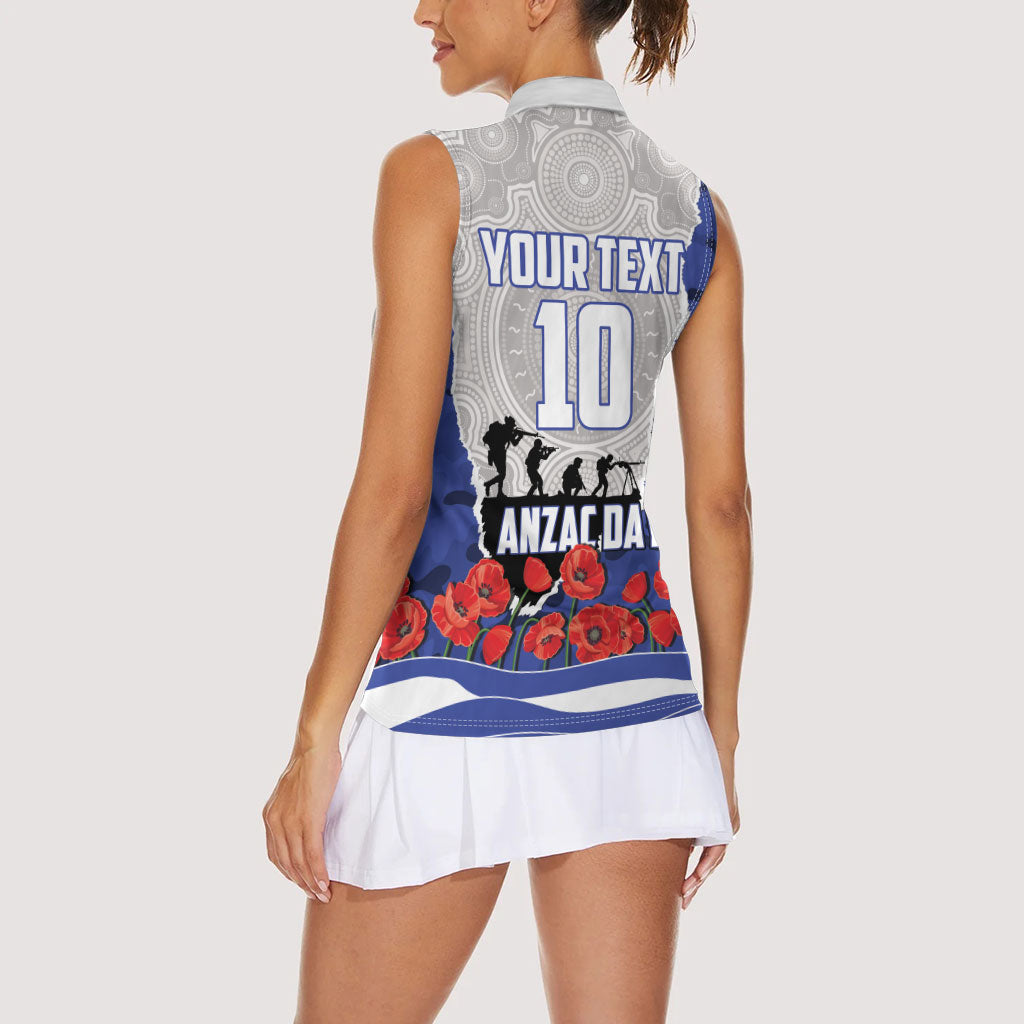 Personalized Bulldogs ANZAC Tribute Women Sleeveless Polo Shirt Poppy Field Soldier Silhouette Aboriginal Rugby Mascot