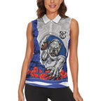 Personalized Bulldogs ANZAC Tribute Women Sleeveless Polo Shirt Poppy Field Soldier Silhouette Aboriginal Rugby Mascot