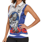 Personalized Bulldogs ANZAC Tribute Women Sleeveless Polo Shirt Poppy Field Soldier Silhouette Aboriginal Rugby Mascot