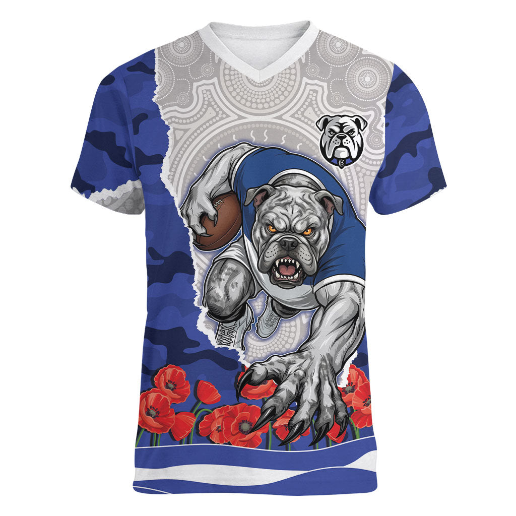 Personalized Bulldogs ANZAC Tribute Women V-Neck T-Shirt Poppy Field Soldier Silhouette Aboriginal Rugby Mascot