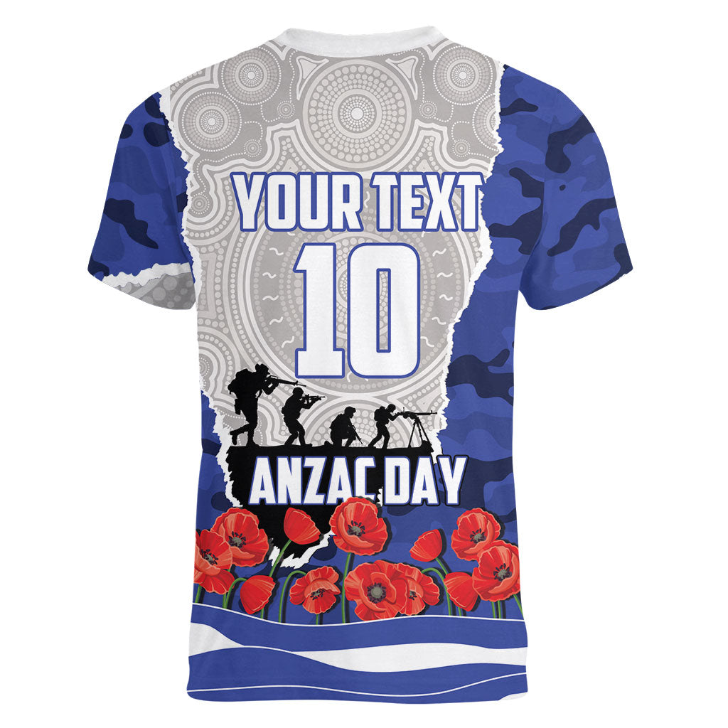 Personalized Bulldogs ANZAC Tribute Women V-Neck T-Shirt Poppy Field Soldier Silhouette Aboriginal Rugby Mascot