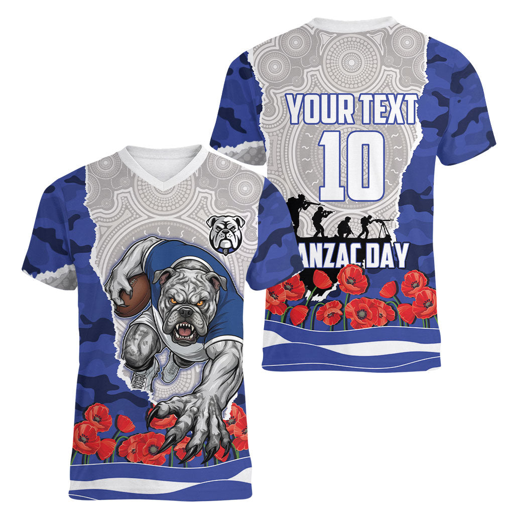 Personalized Bulldogs ANZAC Tribute Women V-Neck T-Shirt Poppy Field Soldier Silhouette Aboriginal Rugby Mascot