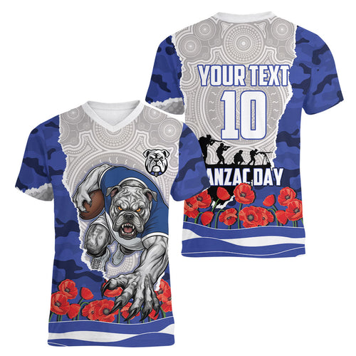 Personalized Bulldogs ANZAC Tribute Women V-Neck T-Shirt Poppy Field Soldier Silhouette Aboriginal Rugby Mascot