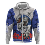Personalized Bulldogs ANZAC Tribute Zip Hoodie Poppy Field Soldier Silhouette Aboriginal Rugby Mascot