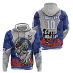 Personalized Bulldogs ANZAC Tribute Zip Hoodie Poppy Field Soldier Silhouette Aboriginal Rugby Mascot