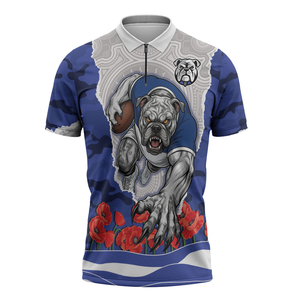 Personalized Bulldogs ANZAC Tribute Zipper Polo Shirt Poppy Field Soldier Silhouette Aboriginal Rugby Mascot