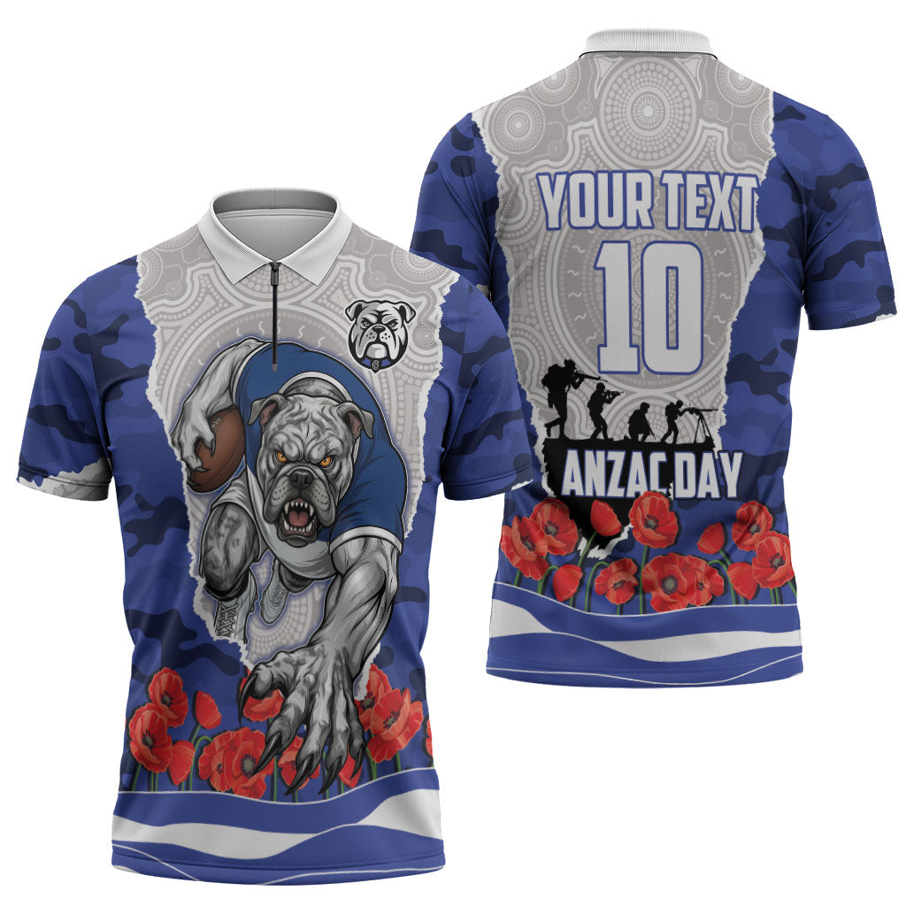 Personalized Bulldogs ANZAC Tribute Zipper Polo Shirt Poppy Field Soldier Silhouette Aboriginal Rugby Mascot