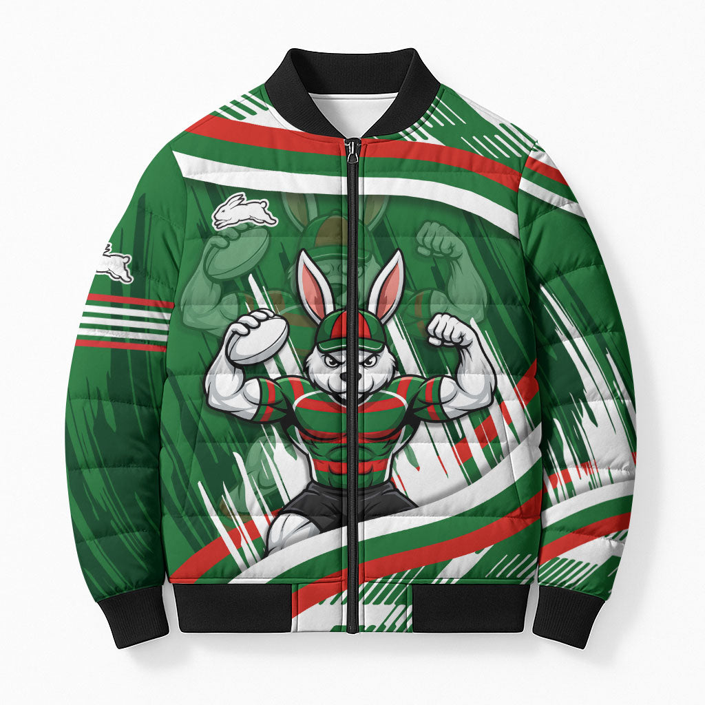Rabbitohs Rugby Mascot Bomber Puffer Jacket Fierce Athlete Graphic in Sports Style