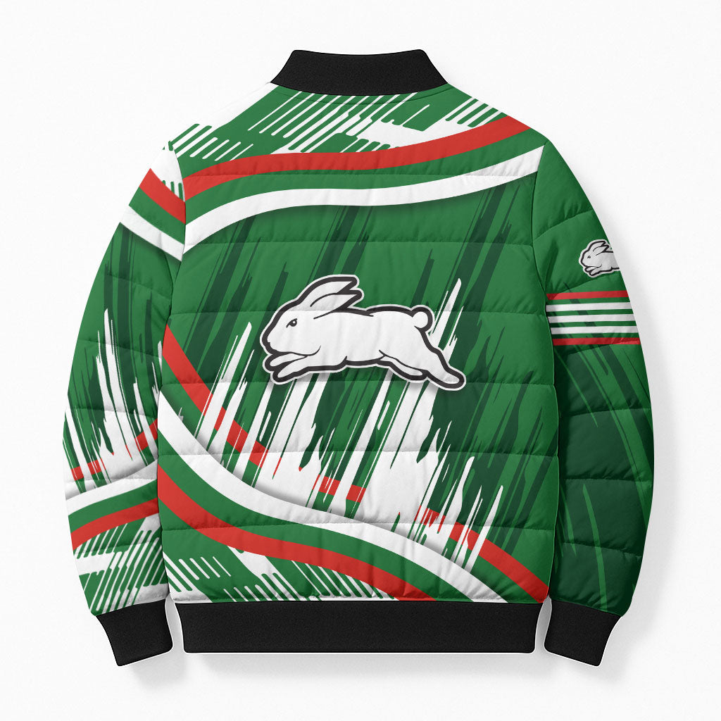 Rabbitohs Rugby Mascot Bomber Puffer Jacket Fierce Athlete Graphic in Sports Style