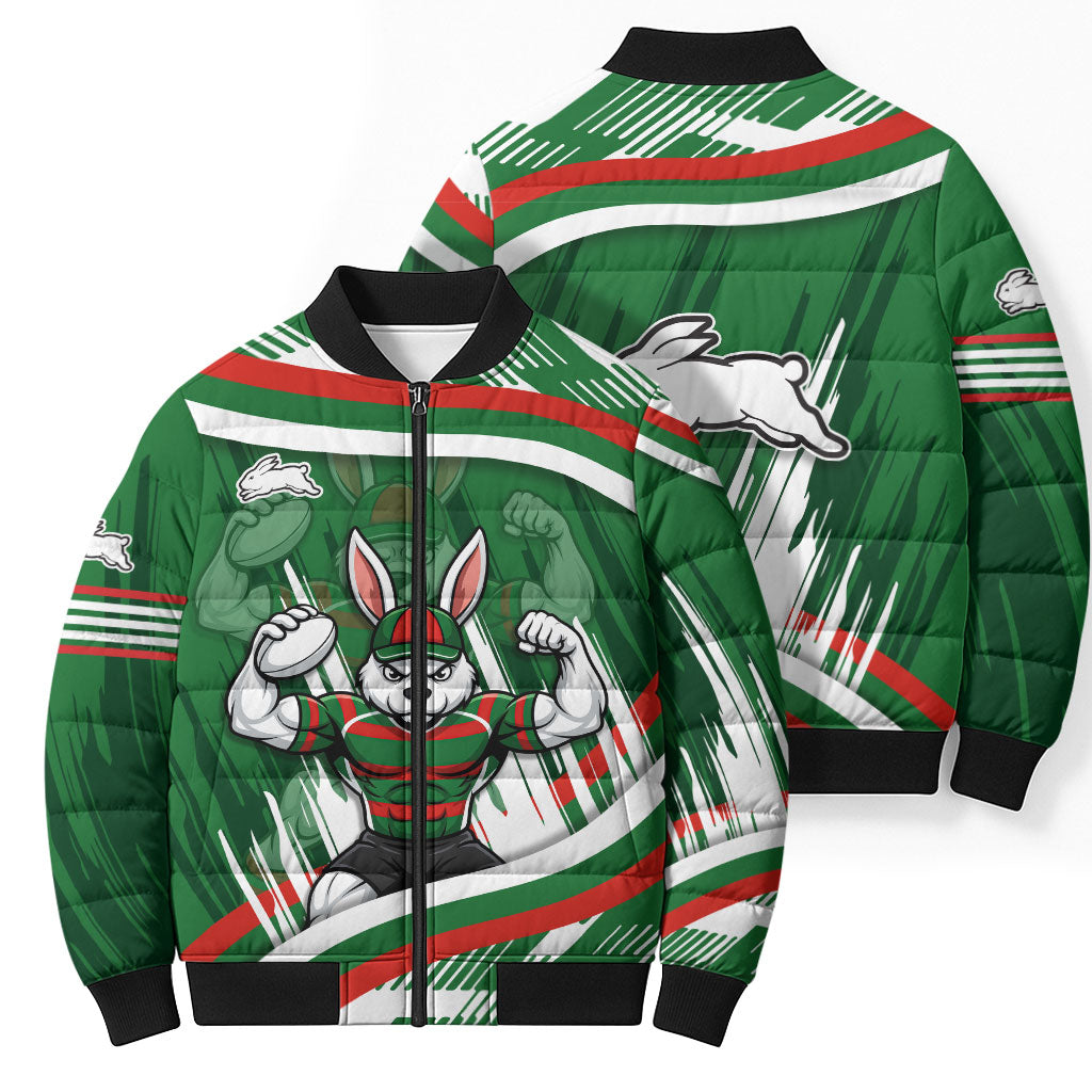 Rabbitohs Rugby Mascot Bomber Puffer Jacket Fierce Athlete Graphic in Sports Style