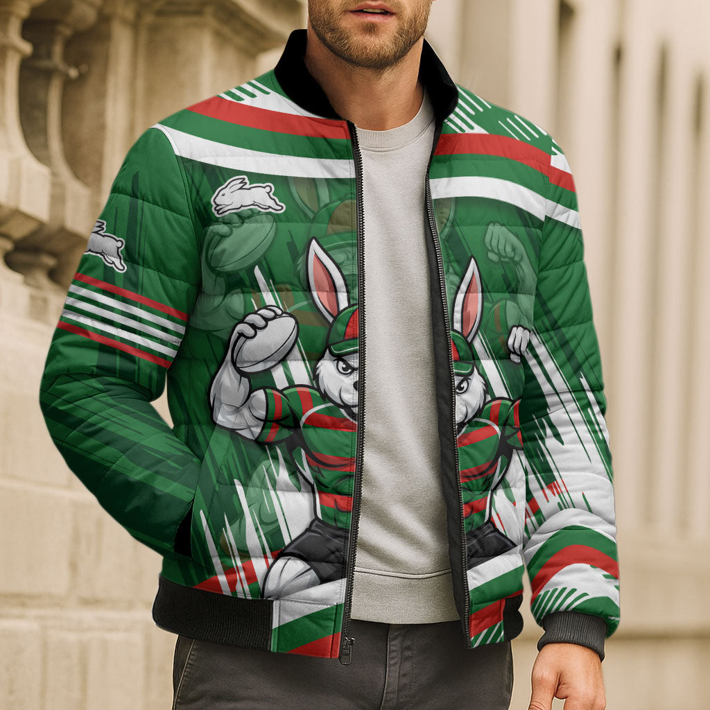 Rabbitohs Rugby Mascot Bomber Puffer Jacket Fierce Athlete Graphic in Sports Style