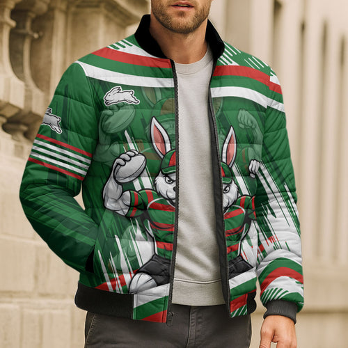 Rabbitohs Rugby Mascot Bomber Puffer Jacket Fierce Athlete Graphic in Sports Style