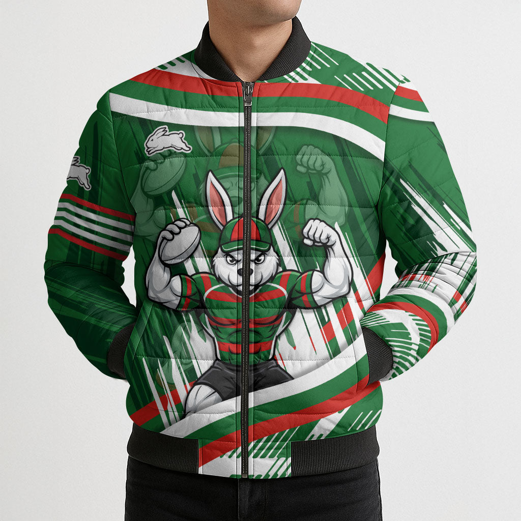 Rabbitohs Rugby Mascot Bomber Puffer Jacket Fierce Athlete Graphic in Sports Style