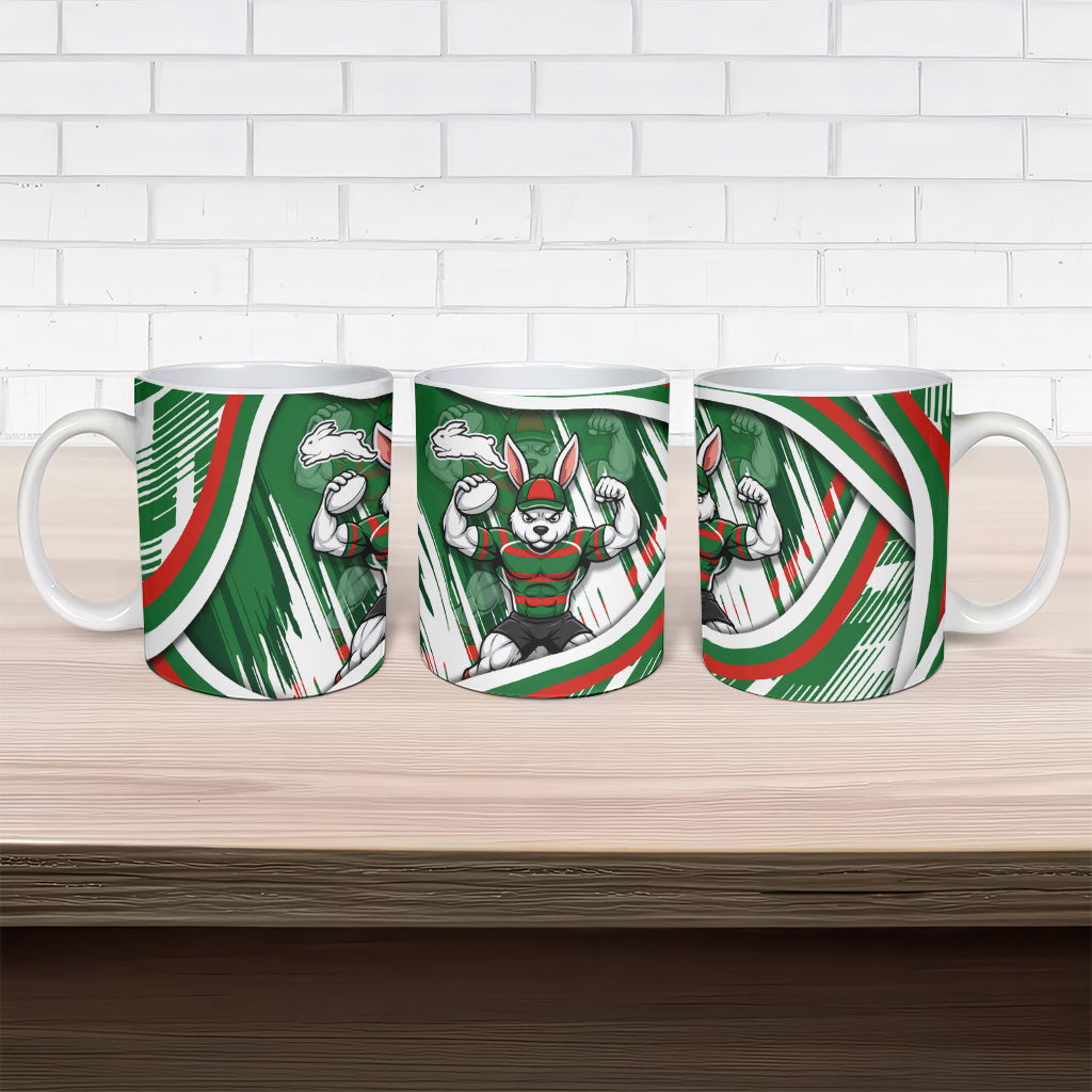 Rabbitohs Rugby Mascot Ceramic Mug Fierce Athlete Graphic in Sports Style