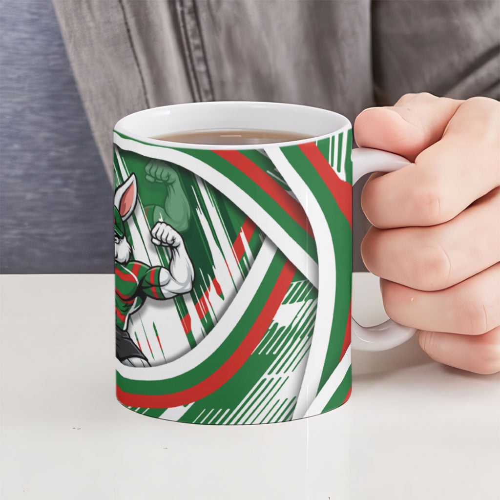 Rabbitohs Rugby Mascot Ceramic Mug Fierce Athlete Graphic in Sports Style
