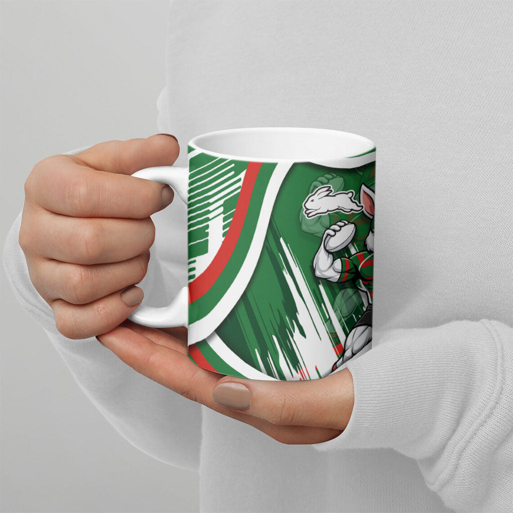Rabbitohs Rugby Mascot Ceramic Mug Fierce Athlete Graphic in Sports Style