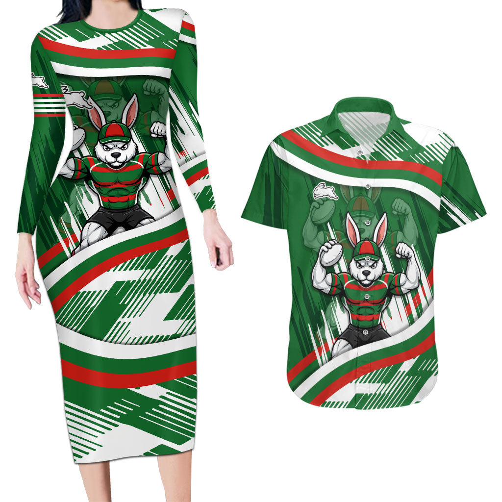 Rabbitohs Rugby Mascot Couples Matching Long Sleeve Bodycon Dress and Hawaiian Shirt Fierce Athlete Graphic in Sports Style