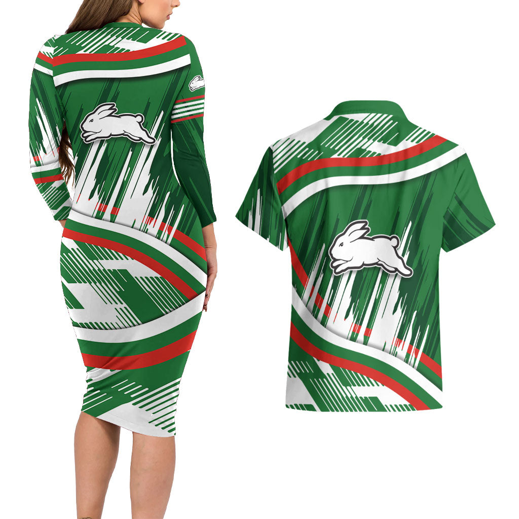 Rabbitohs Rugby Mascot Couples Matching Long Sleeve Bodycon Dress and Hawaiian Shirt Fierce Athlete Graphic in Sports Style