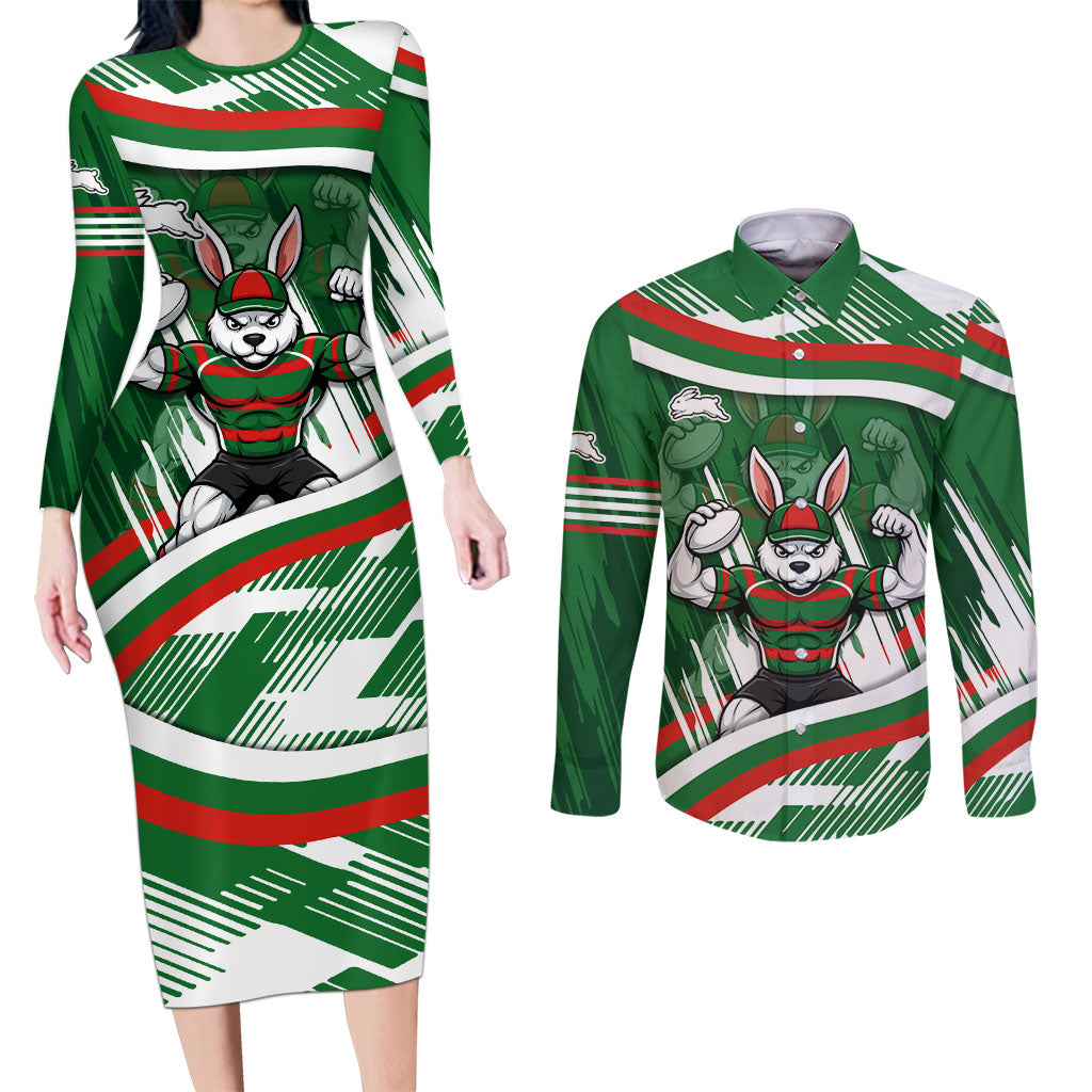 Rabbitohs Rugby Mascot Couples Matching Long Sleeve Bodycon Dress and Long Sleeve Button Shirt Fierce Athlete Graphic in Sports Style