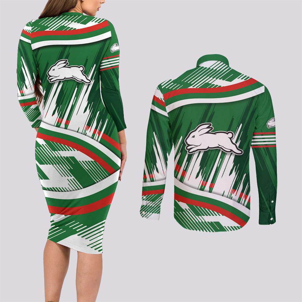 Rabbitohs Rugby Mascot Couples Matching Long Sleeve Bodycon Dress and Long Sleeve Button Shirt Fierce Athlete Graphic in Sports Style
