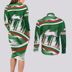 Rabbitohs Rugby Mascot Couples Matching Long Sleeve Bodycon Dress and Long Sleeve Button Shirt Fierce Athlete Graphic in Sports Style