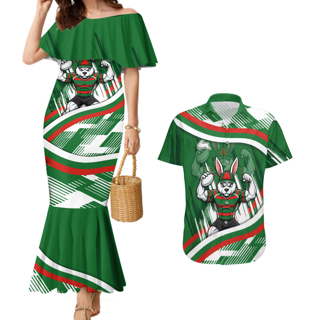 Rabbitohs Rugby Mascot Couples Matching Mermaid Dress and Hawaiian Shirt Fierce Athlete Graphic in Sports Style