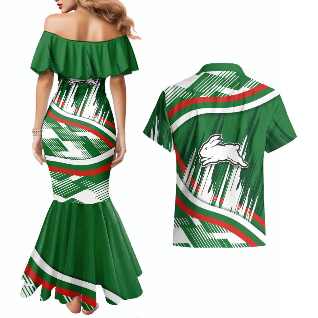 Rabbitohs Rugby Mascot Couples Matching Mermaid Dress and Hawaiian Shirt Fierce Athlete Graphic in Sports Style