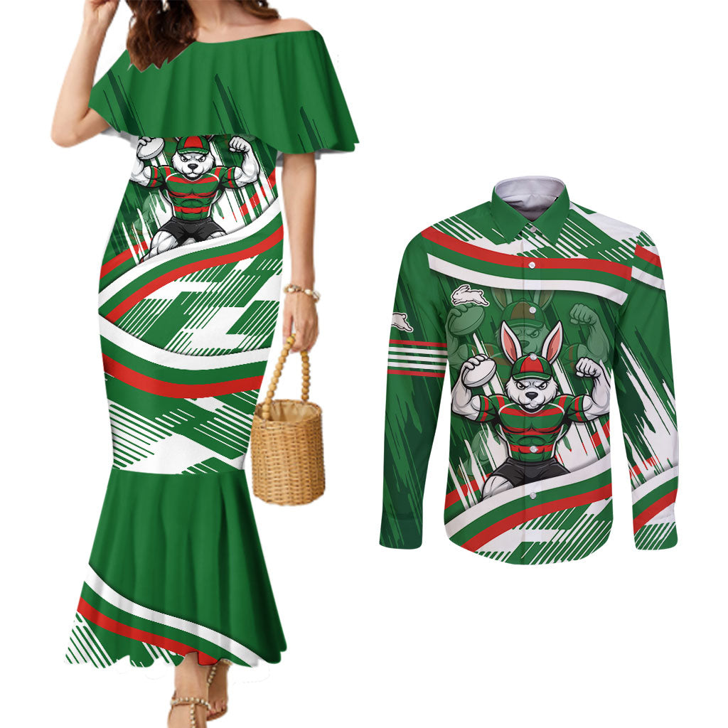 Rabbitohs Rugby Mascot Couples Matching Mermaid Dress and Long Sleeve Button Shirt Fierce Athlete Graphic in Sports Style