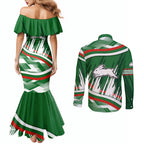 Rabbitohs Rugby Mascot Couples Matching Mermaid Dress and Long Sleeve Button Shirt Fierce Athlete Graphic in Sports Style