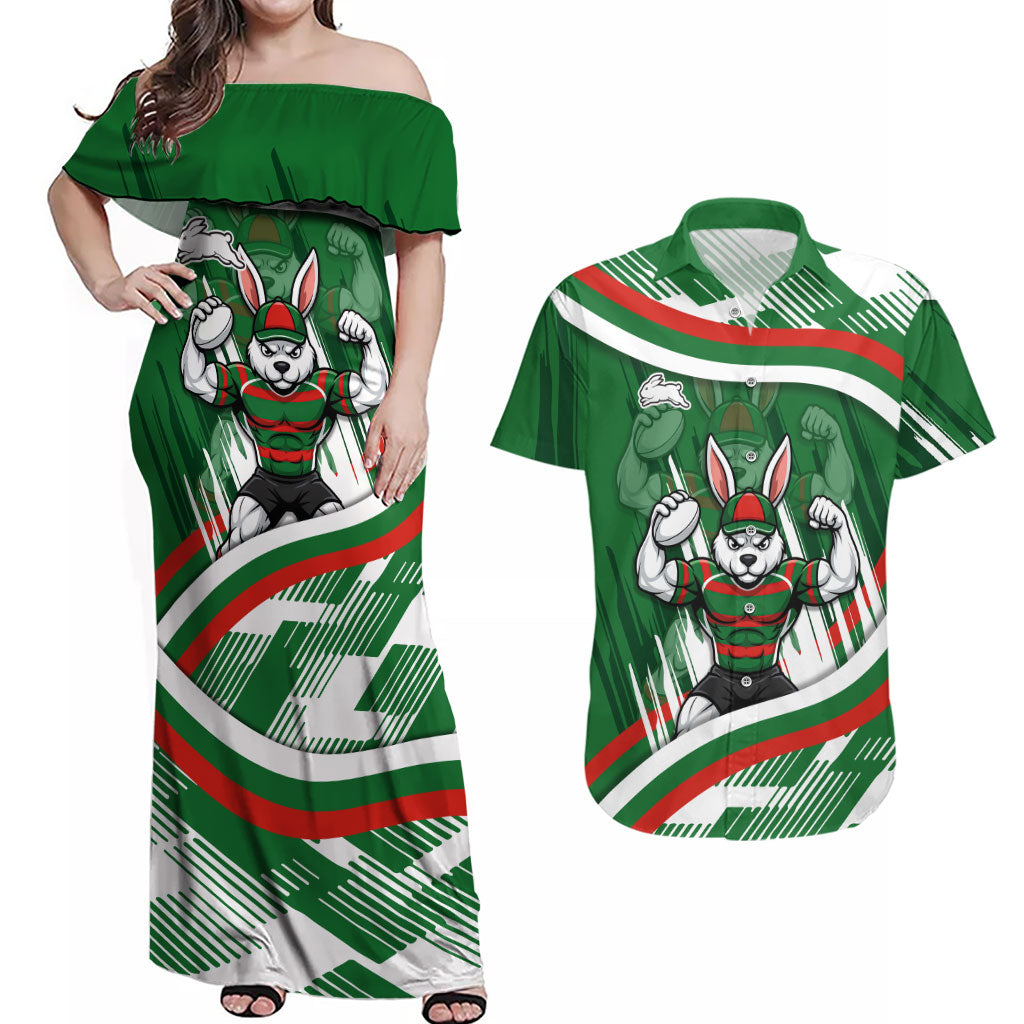 Rabbitohs Rugby Mascot Couples Matching Off Shoulder Maxi Dress and Hawaiian Shirt Fierce Athlete Graphic in Sports Style