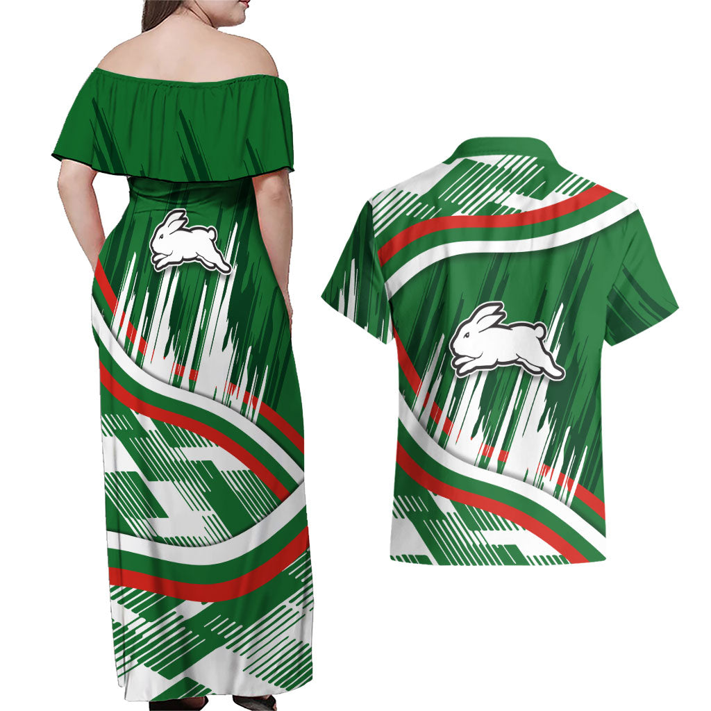 Rabbitohs Rugby Mascot Couples Matching Off Shoulder Maxi Dress and Hawaiian Shirt Fierce Athlete Graphic in Sports Style