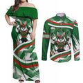 Rabbitohs Rugby Mascot Couples Matching Off Shoulder Maxi Dress and Long Sleeve Button Shirt Fierce Athlete Graphic in Sports Style