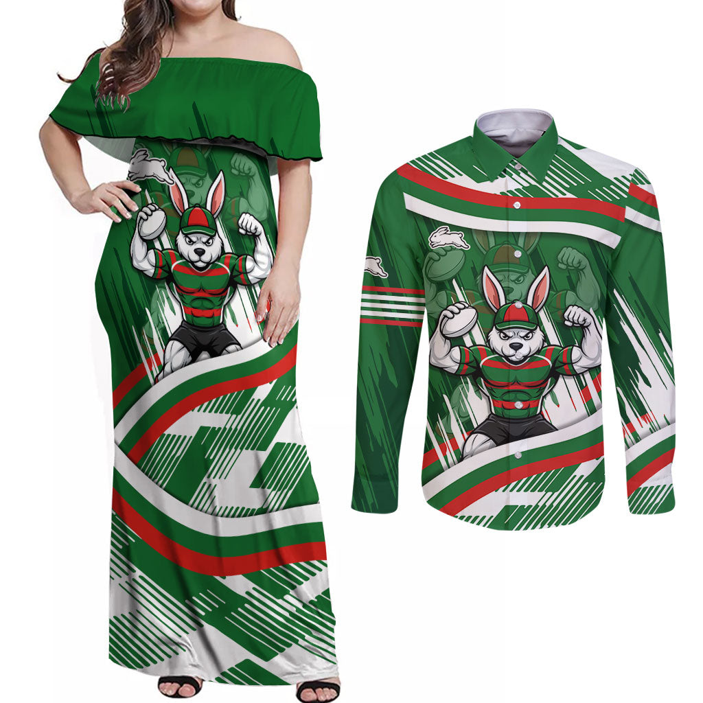 Rabbitohs Rugby Mascot Couples Matching Off Shoulder Maxi Dress and Long Sleeve Button Shirt Fierce Athlete Graphic in Sports Style