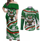 Rabbitohs Rugby Mascot Couples Matching Off Shoulder Maxi Dress and Long Sleeve Button Shirt Fierce Athlete Graphic in Sports Style