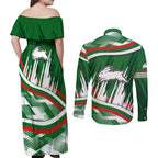 Rabbitohs Rugby Mascot Couples Matching Off Shoulder Maxi Dress and Long Sleeve Button Shirt Fierce Athlete Graphic in Sports Style